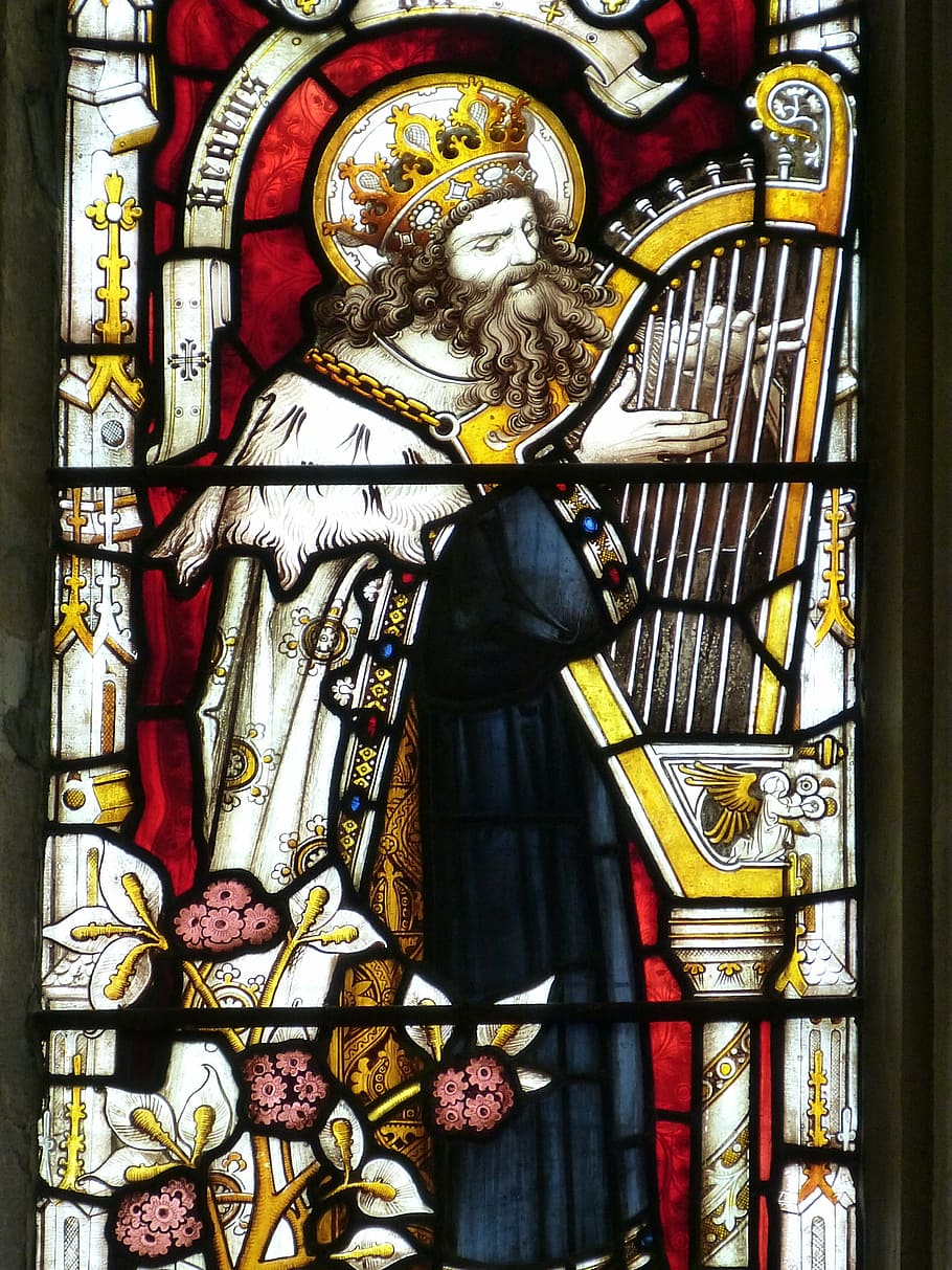man playing harp, window, church window, glass, color, stained glass
