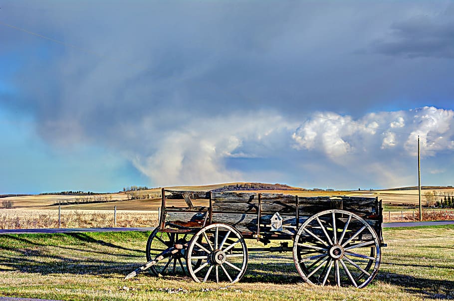 wagon, alberta, antique, rustic, western, cloud - sky, no people HD wallpaper