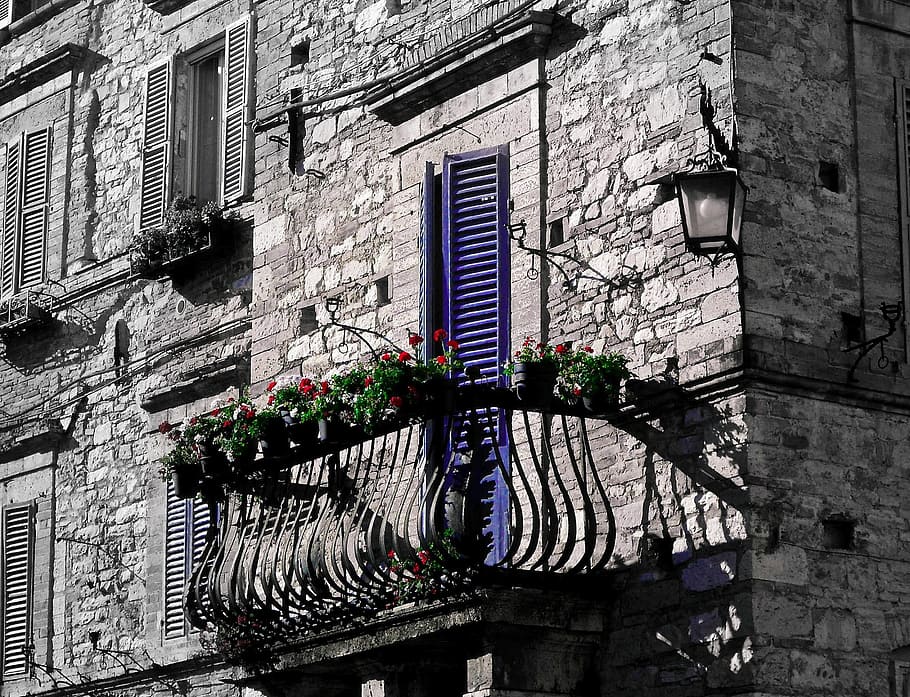 assisi, umbria, italy, balcony, flowers, building, house, window, HD wallpaper