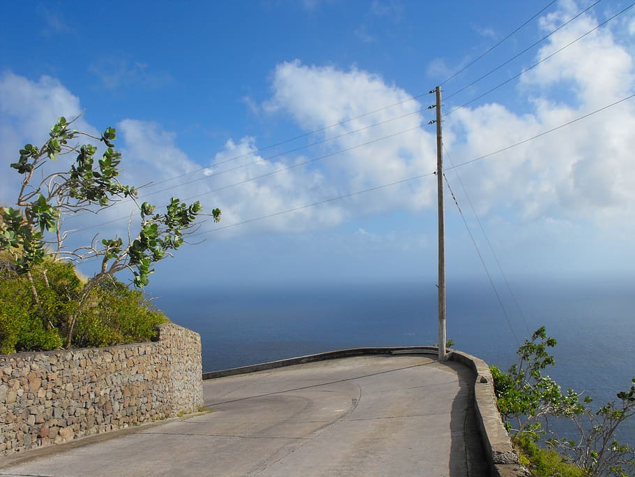 saba, caribbean netherlands, road, curve, water, sky, tree, HD wallpaper