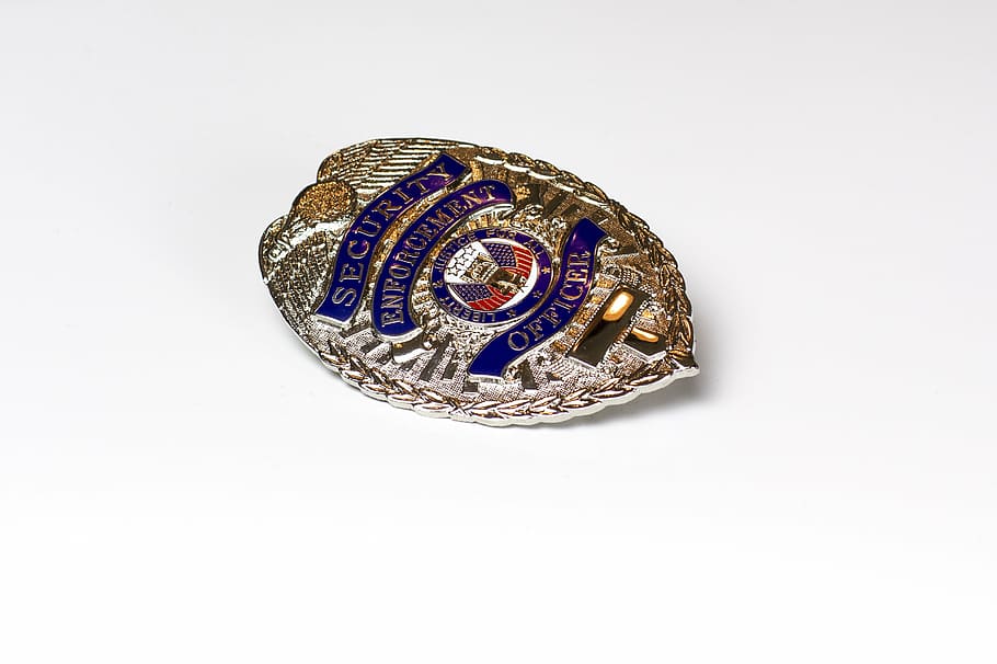 silver and blue security badge, cop, pin, law, symbol, policeman, HD wallpaper