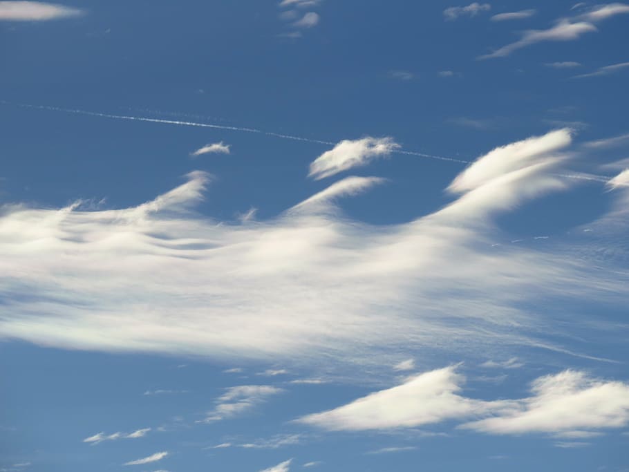 sky, clouds, blue, contrail, clear, sunny, beautiful, warm HD wallpaper