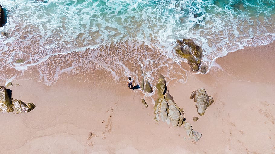 aerial photography of beach, top view of person standing on shore HD wallpaper