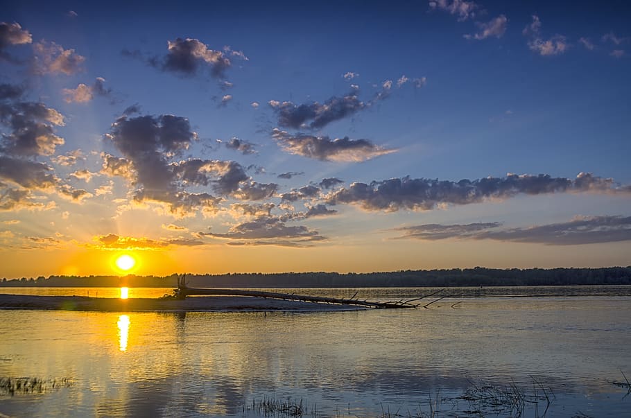 sunset, river, landscape, nature, sky, clouds, water, by the river HD wallpaper