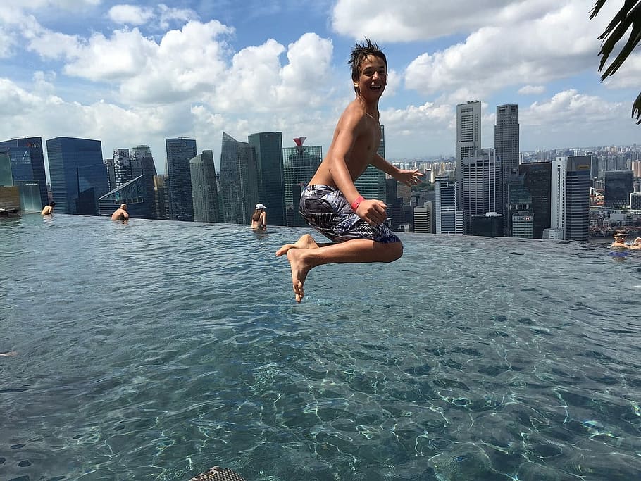 boy jumping on pool, outdoors, men, people, one Person, adult HD wallpaper