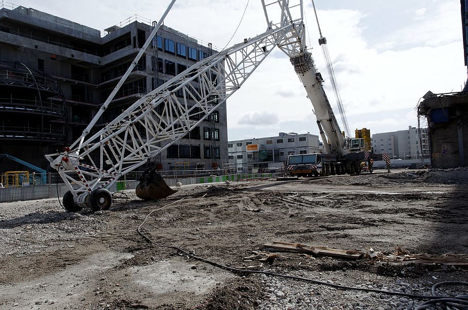 construction site, construction equipment, backhoe, architecture HD wallpaper