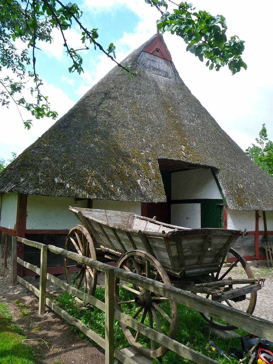 building, barn, thatched, thatched roof, country, fence, rustic HD wallpaper