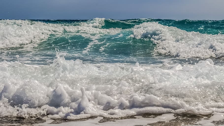 Waves, Foam, Spray, Sea, Blue, Beach, splash, wind, nature HD wallpaper