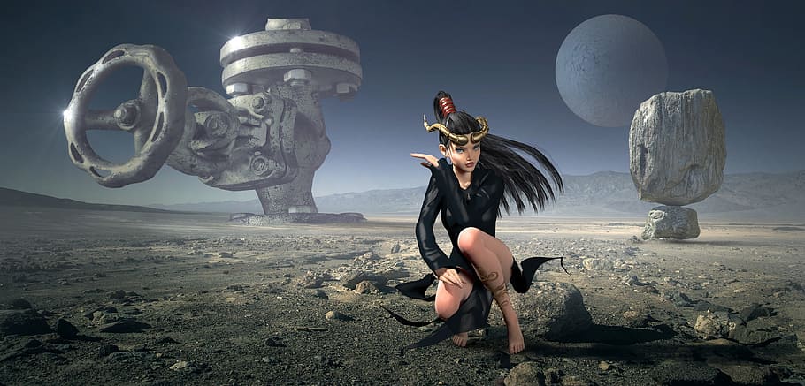 woman in black suit 3D illustration, fantasy, planet, landscape