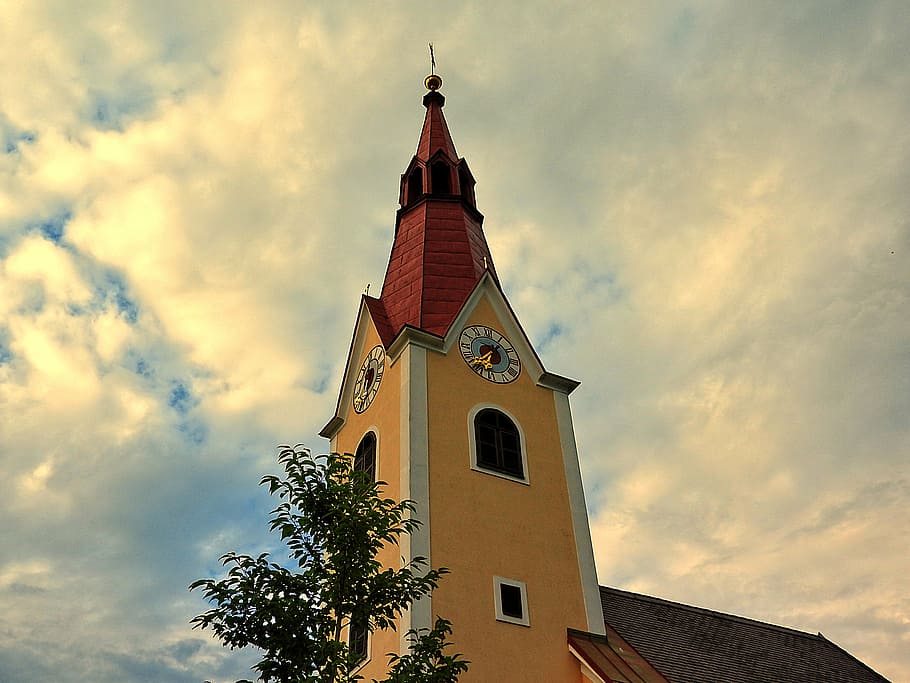 church, steeple, catholic, clock tower, architecture, building exterior HD wallpaper