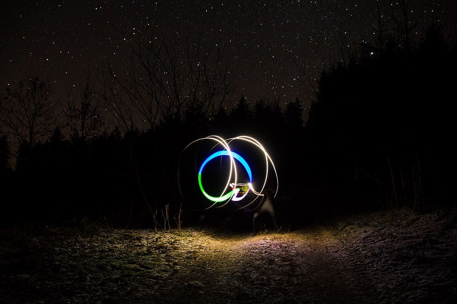 Light Graffiti, Forest, Long Exposure, night, nature, color HD wallpaper
