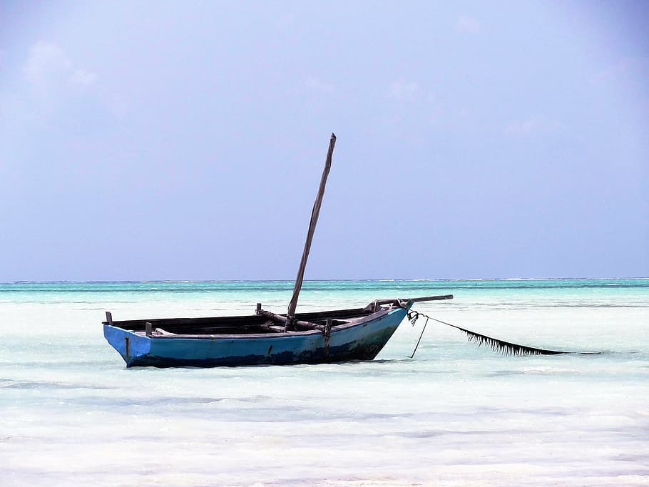 blue boat during daytime painting, ship, ebb, beach, sea, nautical vessel HD wallpaper