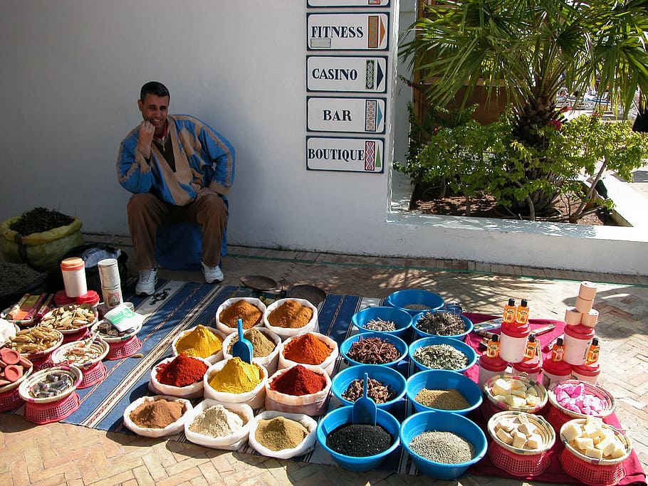 man sitting on blue chair beside green tree, Agadir, Spices HD wallpaper