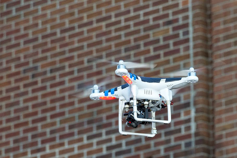 Drone, Brick Wall, Flying, futuristic, surveillance, mid-air HD wallpaper