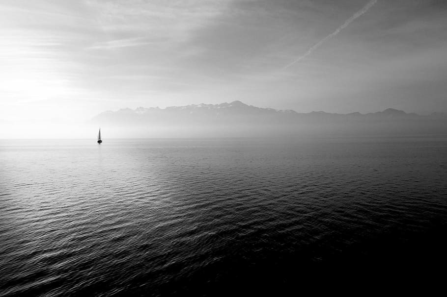 sailboat on calm body of water under white sky at daytime, grayscale photography of sea, HD wallpaper