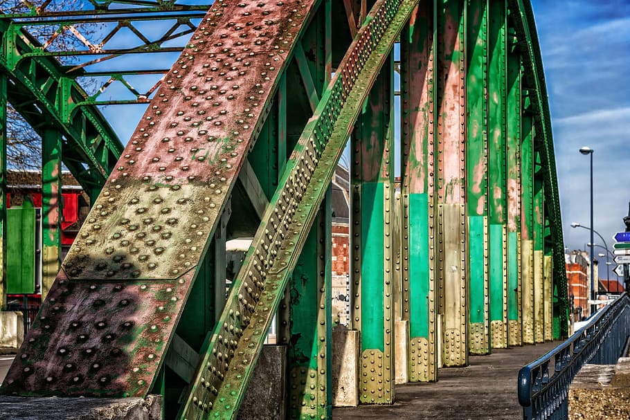 gray and green metal bridge rail, arch, iron, architecture, railway bridge, HD wallpaper
