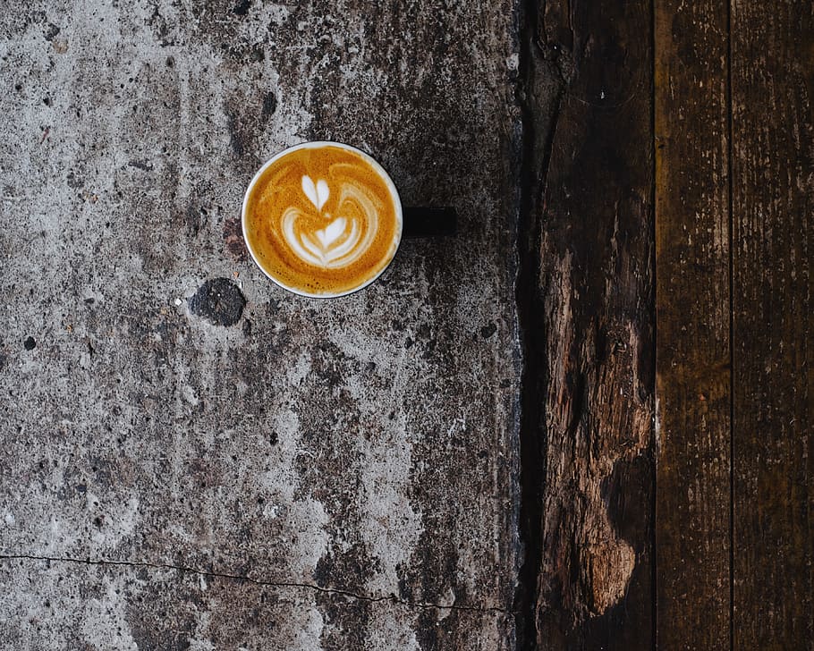 coffee latte on gray surface, hot, drink, espresso, cup, cafe HD wallpaper