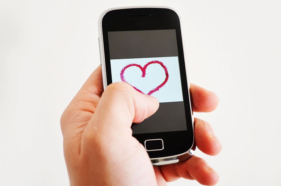black smartphone showing red heart illustration, love, affection, HD wallpaper