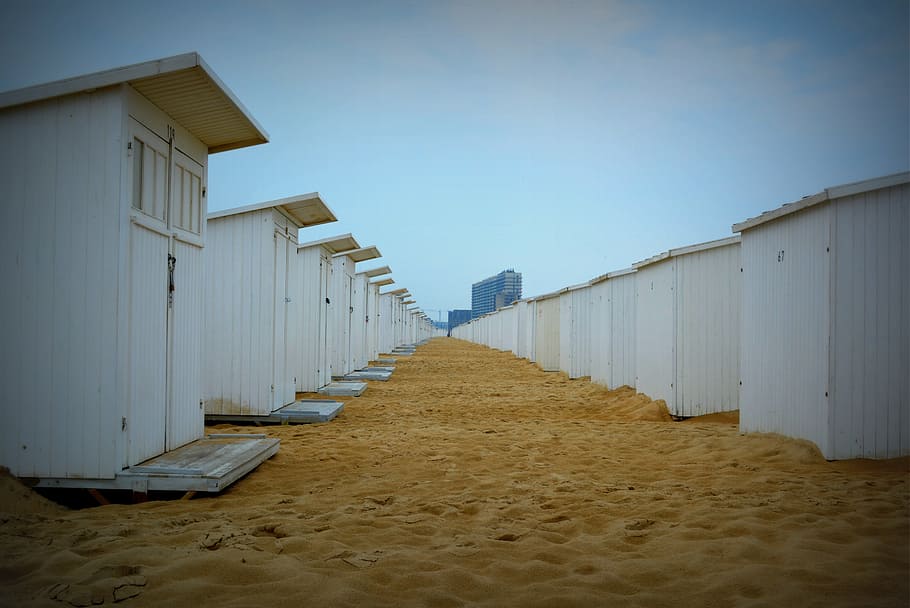 beach cabins, oostende, sand, sky, architecture, built structure