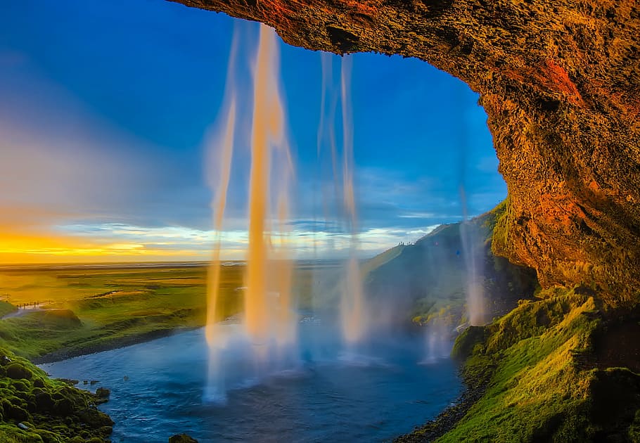 cascade, cliff, clouds, dawn, dusk, evening, field, green, hdr HD wallpaper