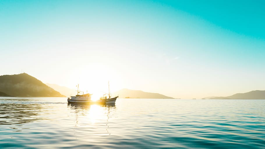 welcome to the new age, boat on sea near mountain, water, ocean