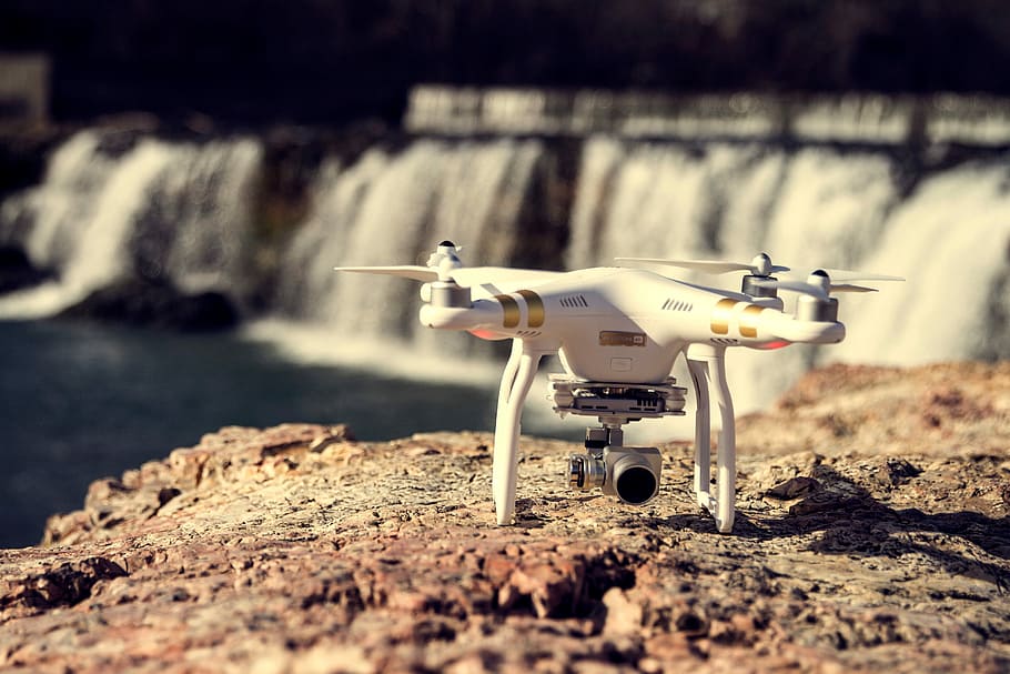 white and gold DJi Phantom quadcopter, nature, industry, outdoors HD wallpaper