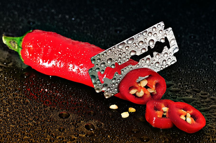 blade in cut chilli, pepperoni, red, sharp, knife, razor blade, HD wallpaper