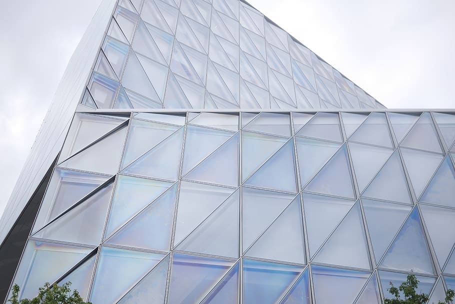 architecture, geneva, switzerland, clouds, triangles, reflections HD wallpaper