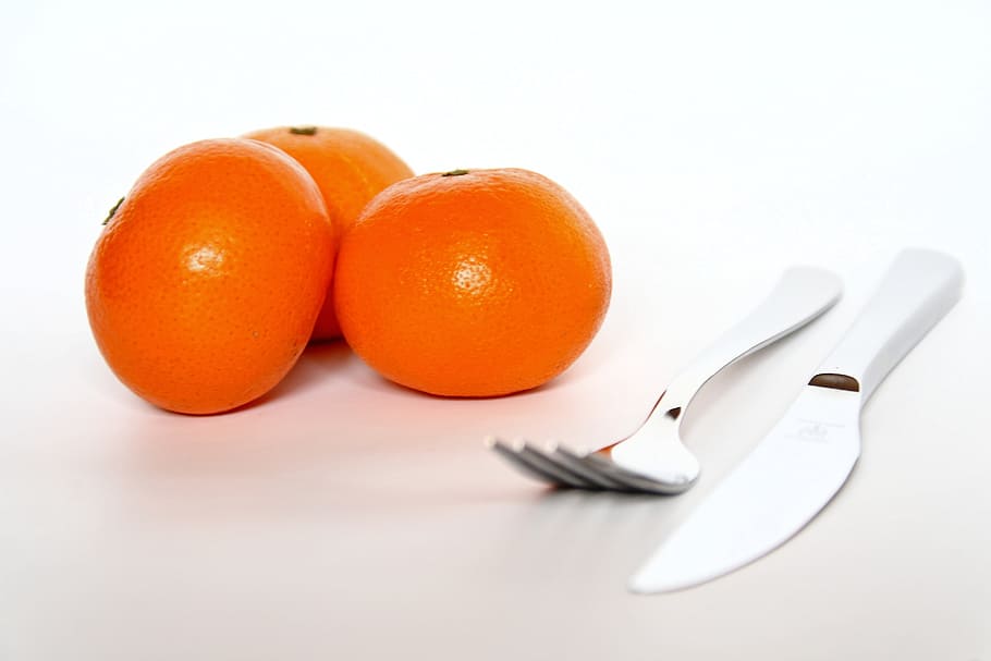 fork, knife, cutlery, metal, tableware, close, orange, fruit HD wallpaper