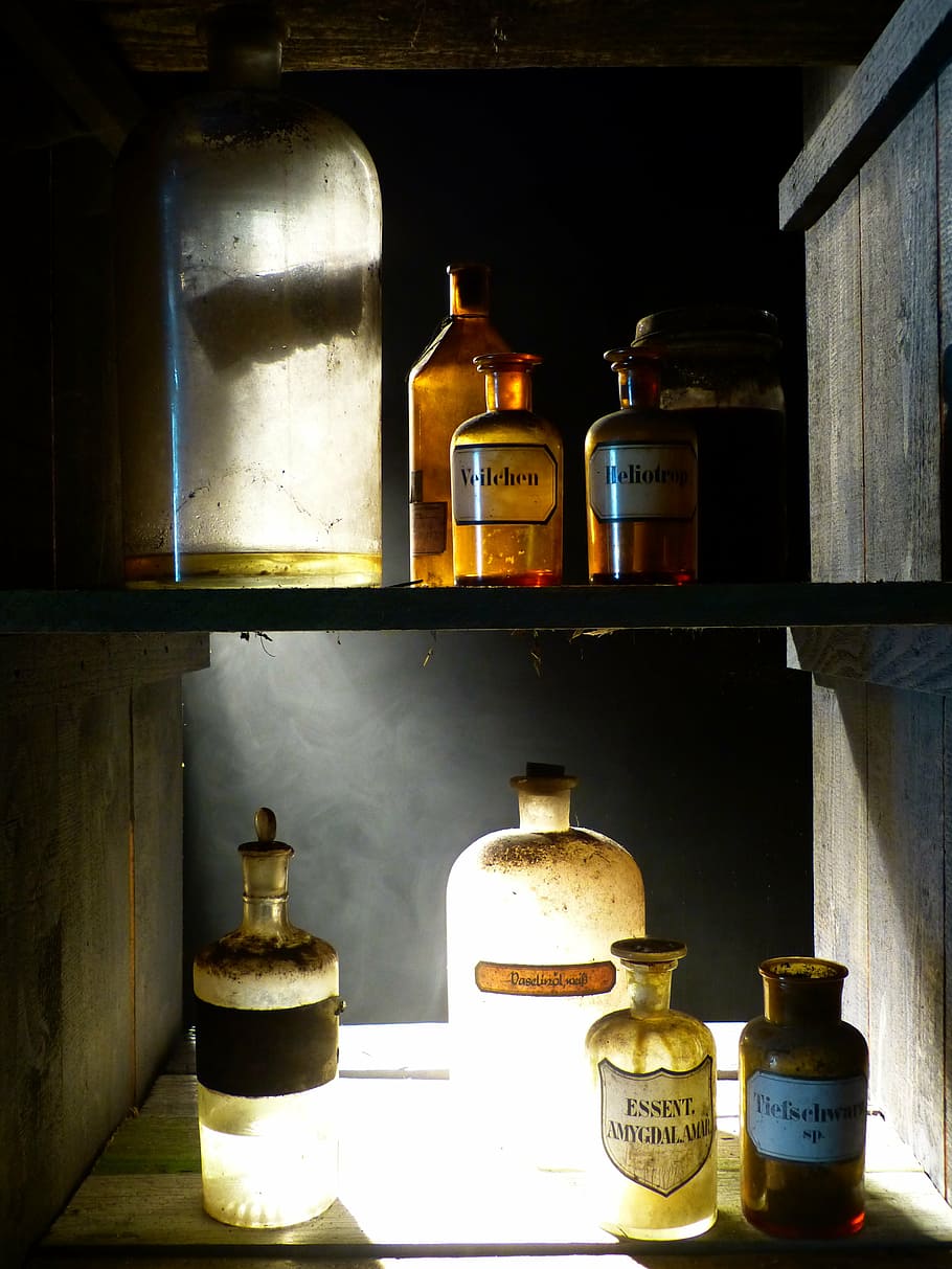 glass bottle lot, old, pharmacy bottle, transparent, decoration, HD wallpaper