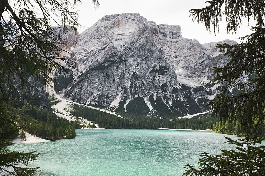 body of water and snow mountain, valley, trees, landscape, nature HD wallpaper