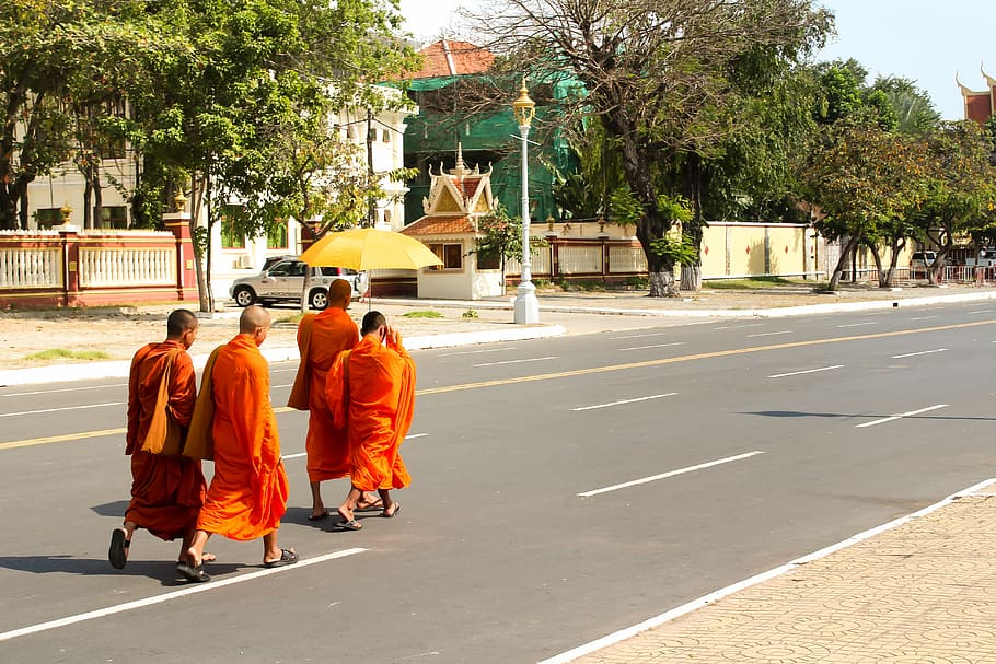 people in orange robe walking on gray asphalt road during daytime, monks walking on road HD wallpaper
