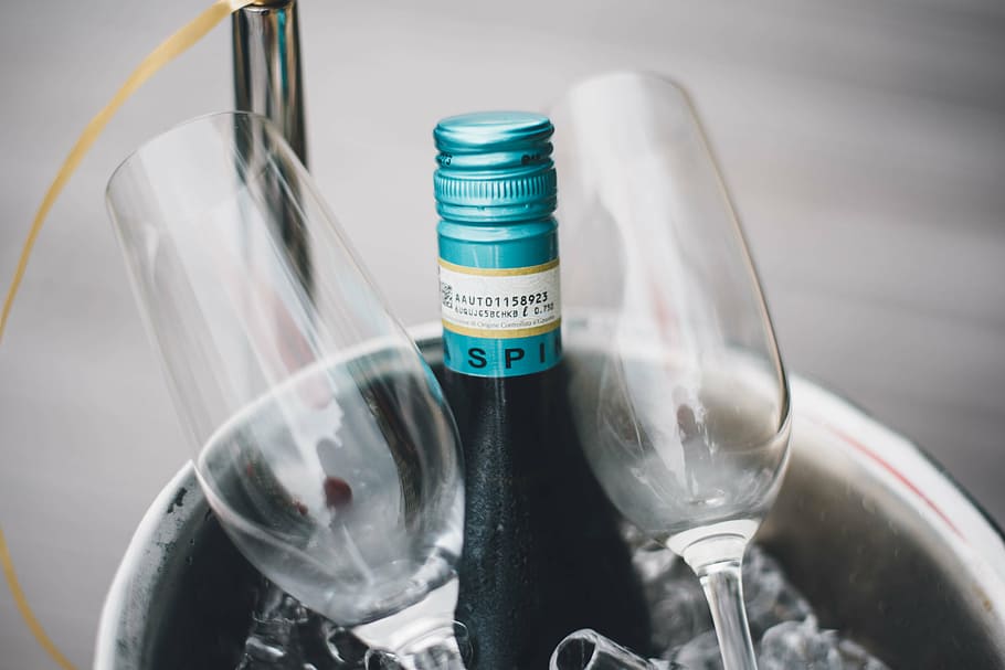 wine bottle and wine glass on bucket, white, champagne, beverage HD wallpaper