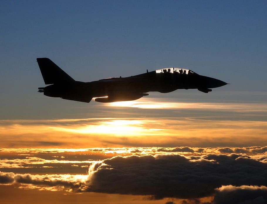 black jet plane under blue sky during golden hour, military, silhouette, HD wallpaper