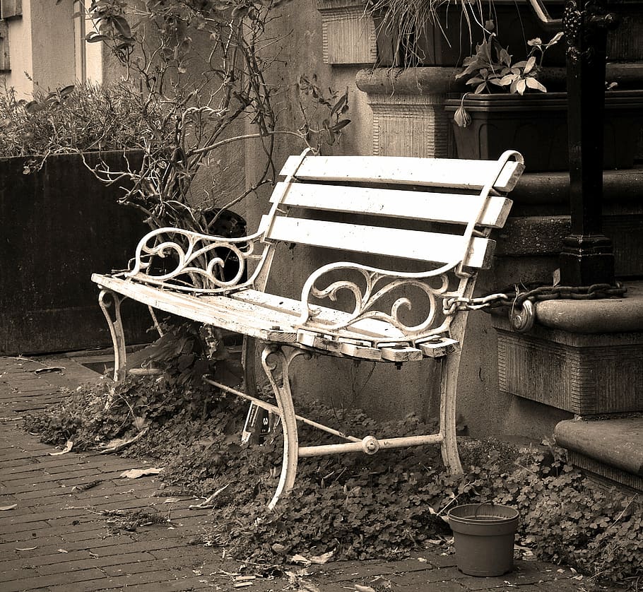 metal outdoor bench beside the staircase, bank, chained, sit HD wallpaper
