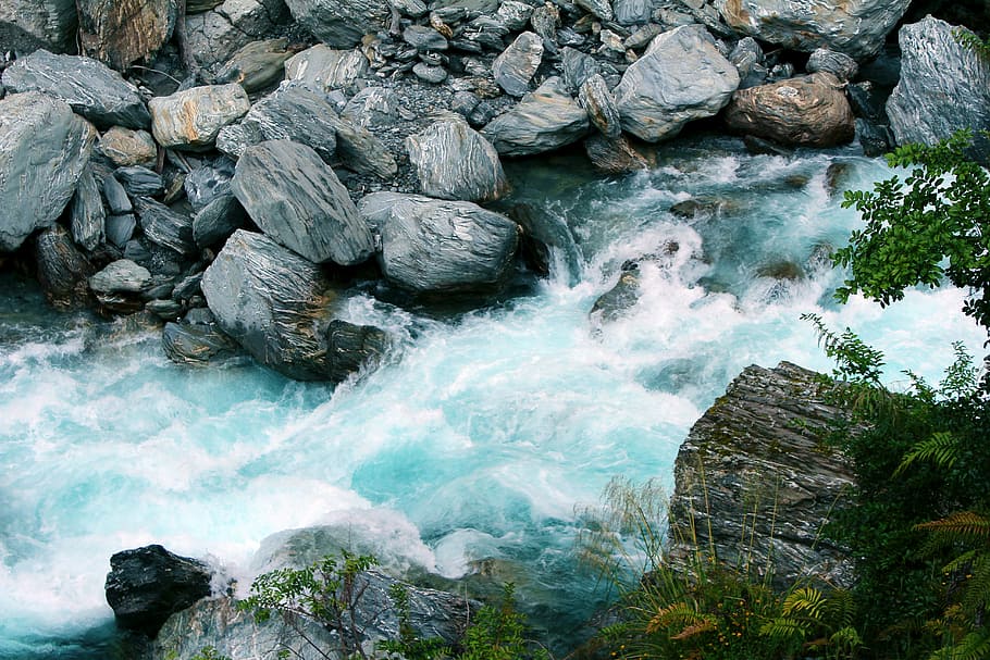 river between grey stones, waterfall, streams, natural, new zealand HD wallpaper