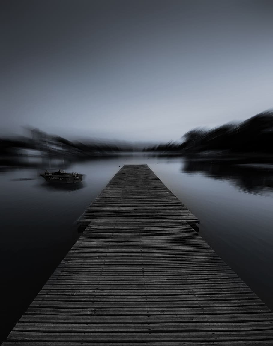 black and white, bridge, pathway, blur, sky, horizon, water HD wallpaper