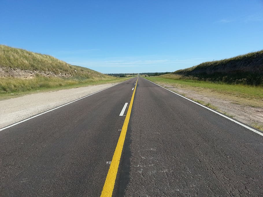 road under blue sky, route, vanishing point, path, transportation HD wallpaper