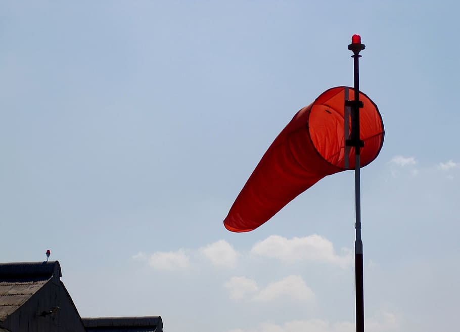 windsock, orange, pole, blue sky, hanger roof, blowing, red HD wallpaper