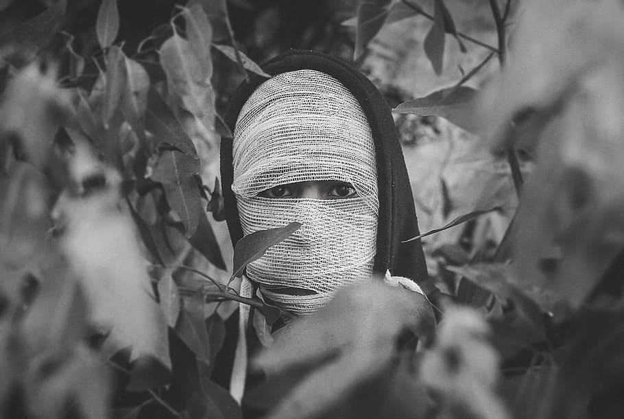 grayscale photography of person covered with mask, aziz, unsplash, HD wallpaper