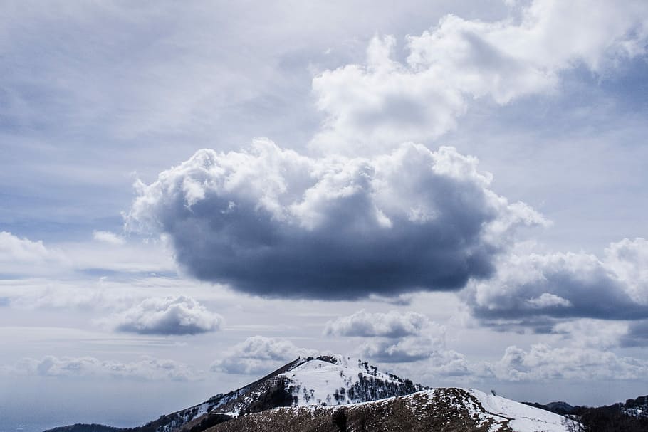 nimbus clouds on top of mountain, brown and white snowcap under cloudy sky at daytime HD wallpaper