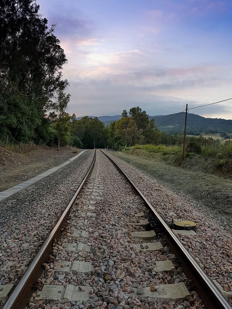 Path, Train, Via, Destination, Railway, sky, clouds, sunset HD wallpaper