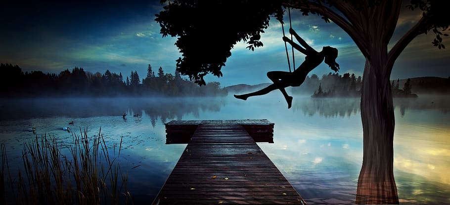 silhouette of a woman riding on swing at night, girl, lake, web