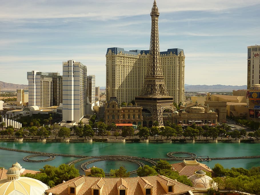 Eiffel Tower photography, las vegas, bellagio, fountain, installations, HD wallpaper