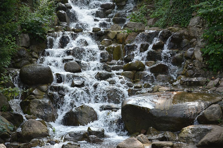 body of water in between stones in daytime, waterfall, nature HD wallpaper