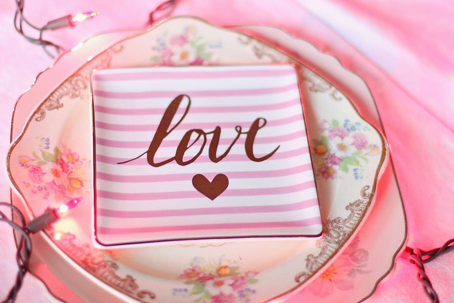 square white and pink ceramic plate, valentine, valentines day, HD wallpaper