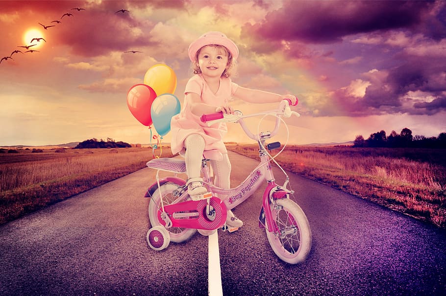 girl riding bicycle with balloon illustration, baby girl, cycling, HD wallpaper