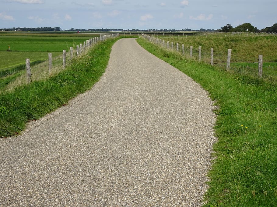 away, bicycle path, nature, road, plant, grass, land, environment HD wallpaper