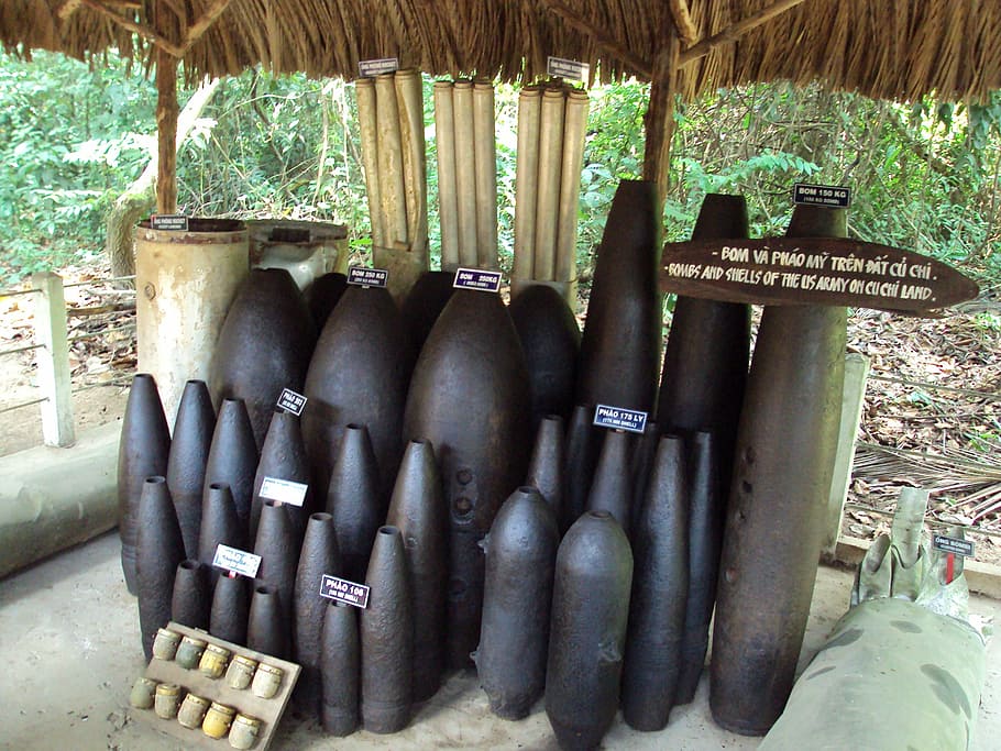 bombs, viet nam, war, no people, day, text, communication, large group of objects