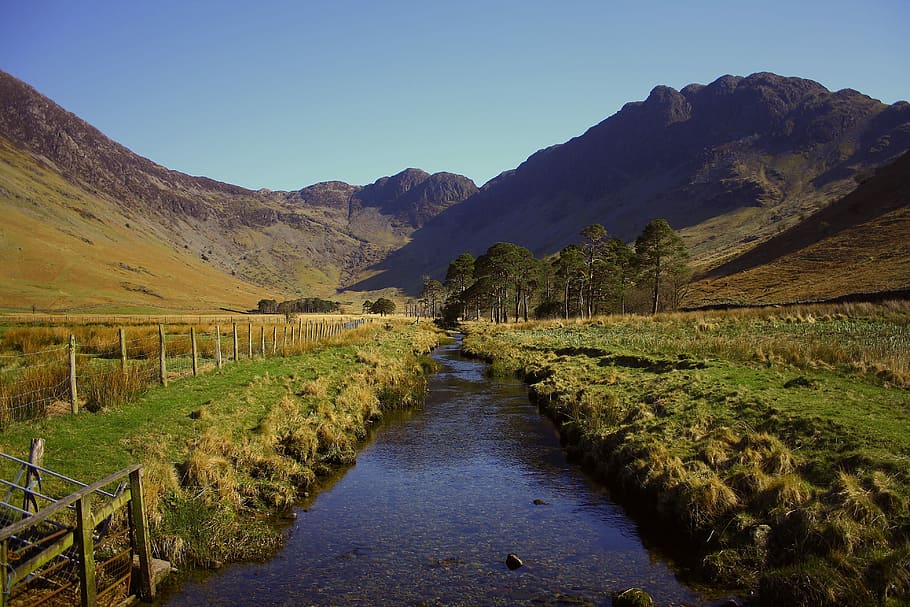 flowing water between green grass during daytime, photo of river heading mountain surrounded by grass HD wallpaper